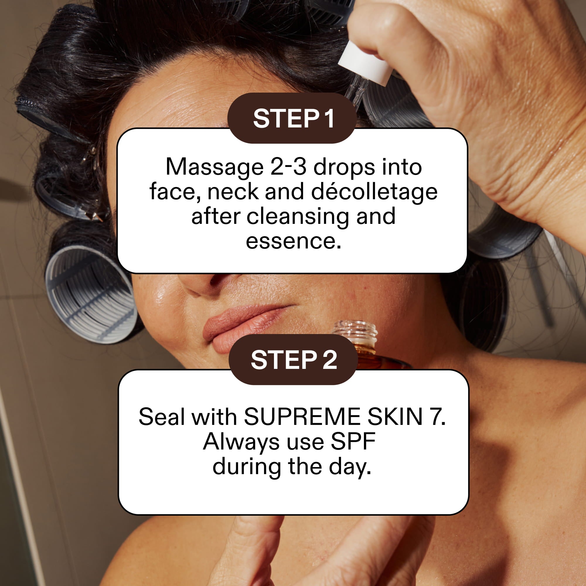 How to use Sun Kissed: massage 2-3 drops into face, neck and décolletage, then seal with Supreme Skin 7. Use SPF daily