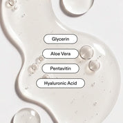 Sun Kissed tanning serum gel texture with key ingredients: Glycerin, Aloe Vera, Pentavitin and Hyaluronic Acid