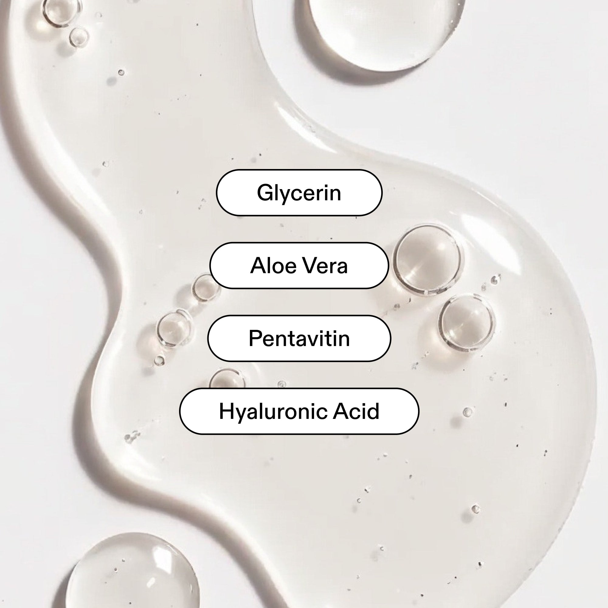 Sun Kissed tanning serum gel texture with key ingredients: Glycerin, Aloe Vera, Pentavitin and Hyaluronic Acid