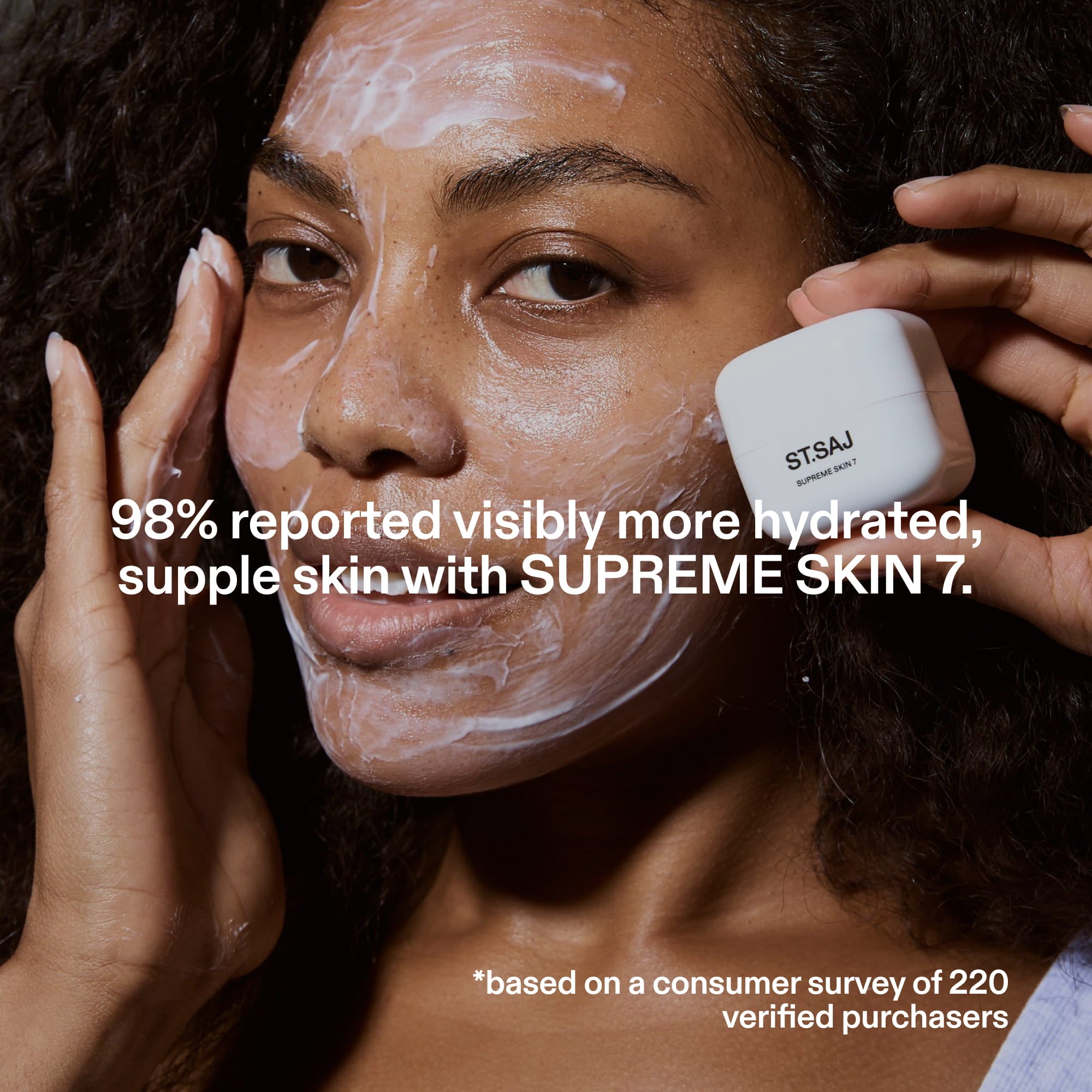 Model using ST.SAJ Supreme Skin 7 mini for hydrated supple skin