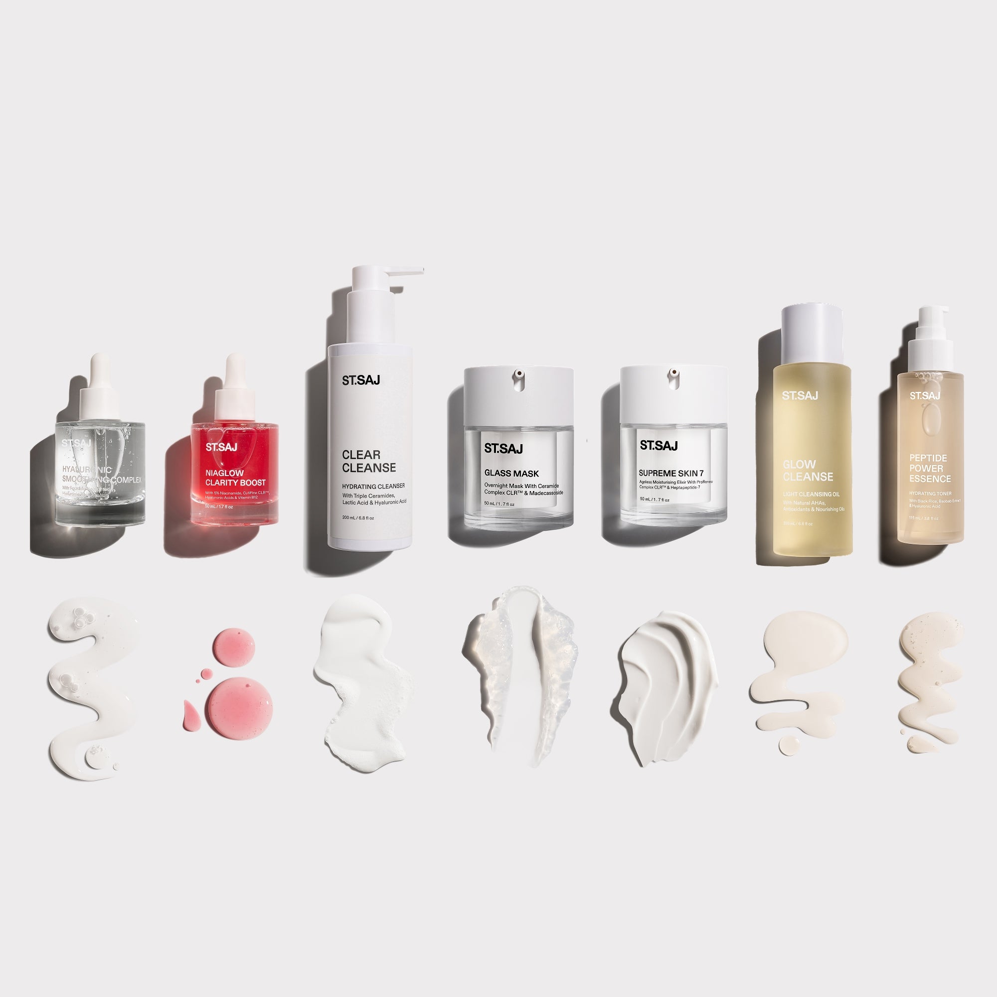 ST.SAJ Supreme Skin Kit - 7 full-size products in lineup with cream swatches